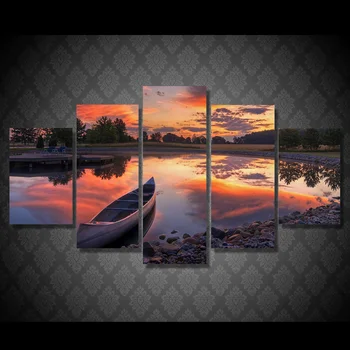 

5 Panel Canoe At Sunset Lake Boat Painting Canvas Print Room Decor Print Poster Picture Canvas Painting
