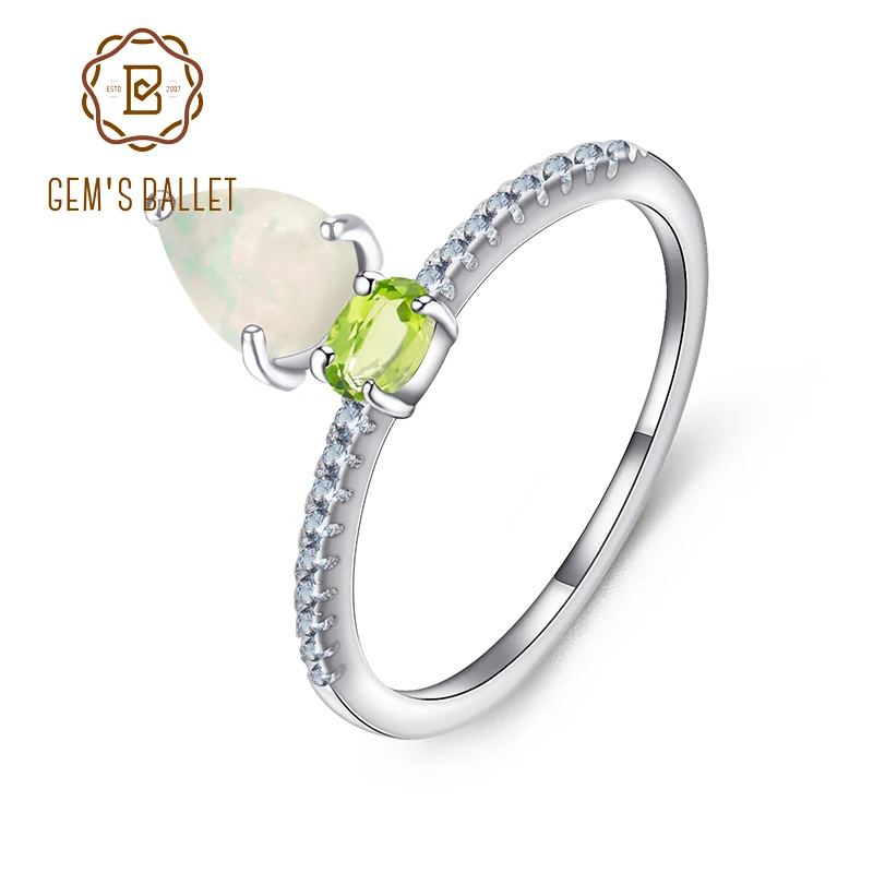 

GEM'S BALLET 925 Sterling Silver Natural Peridot African Opal Oval Droplet Ring Vintage Women High Jewelry