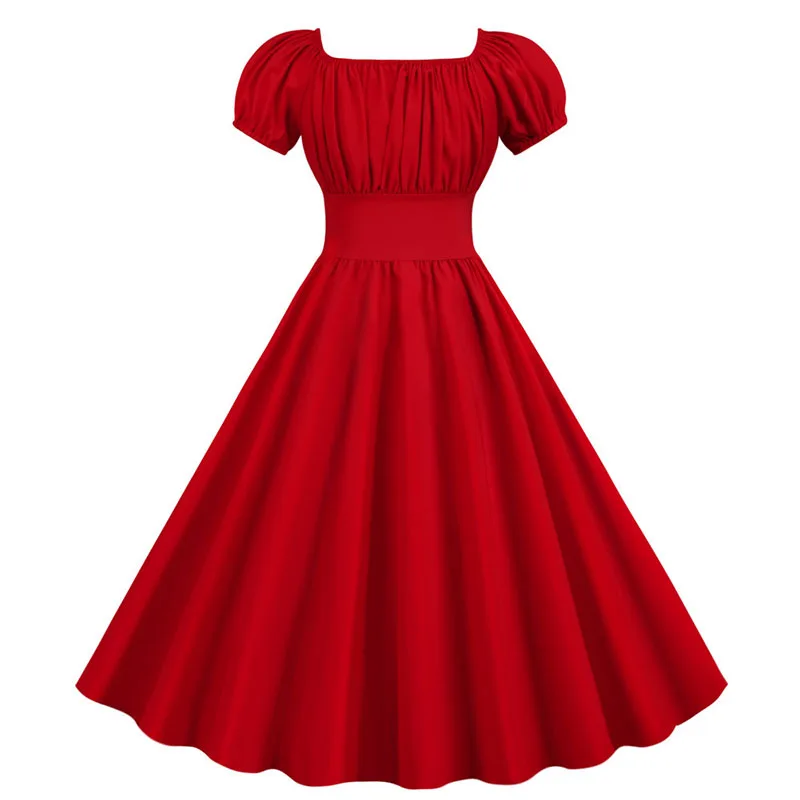 Women Vintage Dress Robe Femme Summer Puff Sleeve Square Collar Solid Red Color Elegant Party Plus Size Casual Office Midi Dress