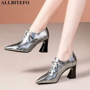 

ALLBITEFO hot sale genuine leather thick heel women shoes spring women high heel shoes office ladies shoes brand high heels