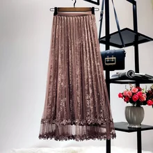 Новое поступление Женская юбка двухслойная Вельветовая и сетчатая кружевная длинная Однотонная юбка до середины икры Дамская длинная юбка до середины икры Свинг плиссированная юбка