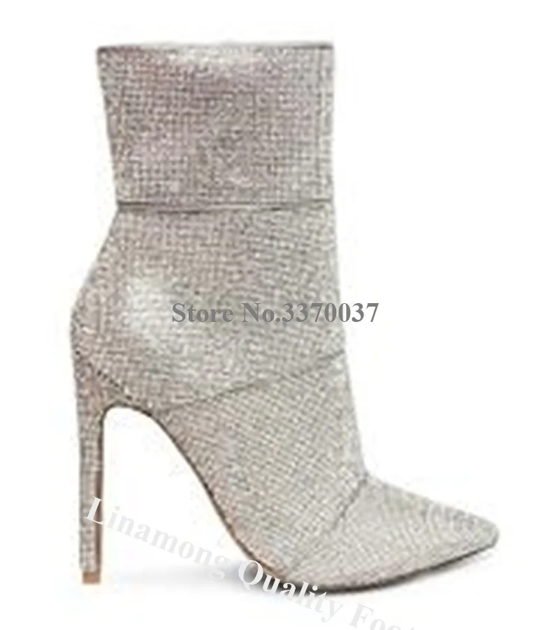 Linamong Bling Bling Pointed Toe Rhinestone Stiletto Heel Short Boots Gold Silver Crystal Ankle Booties Wedding Dress Heels