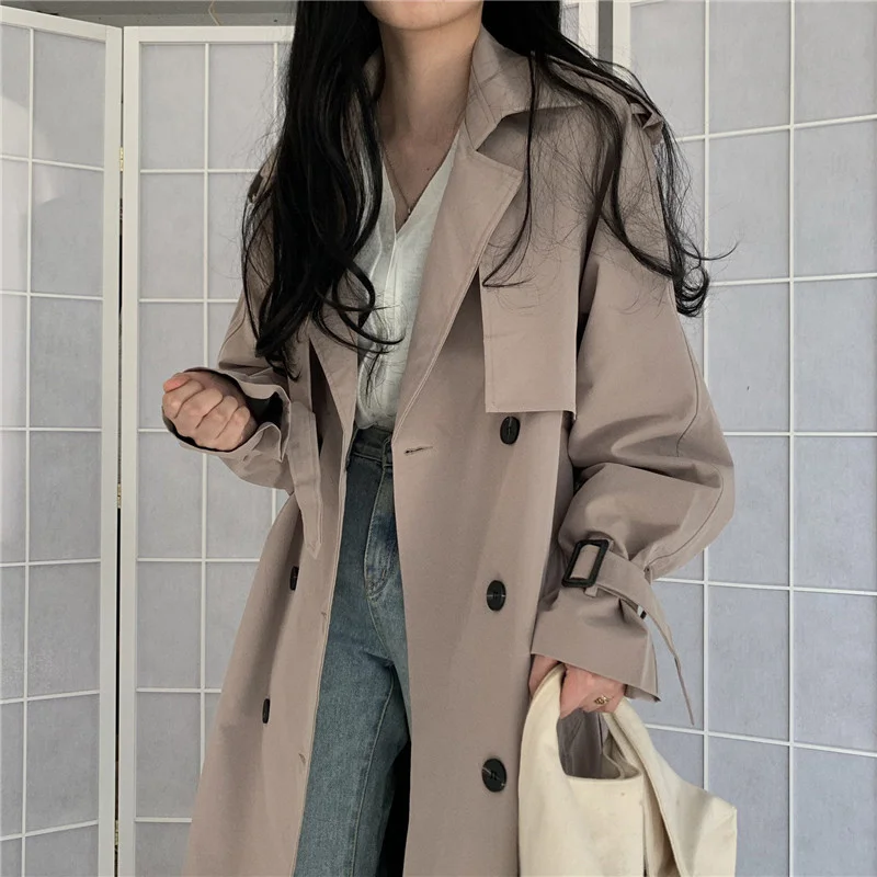 Хаки Women Trench Double Breasted Long Style Coats Korean Turn Down Collar Belt Long Female Windbreaker Casual Ladies Autumn Overcoat - Цвет: Хаки