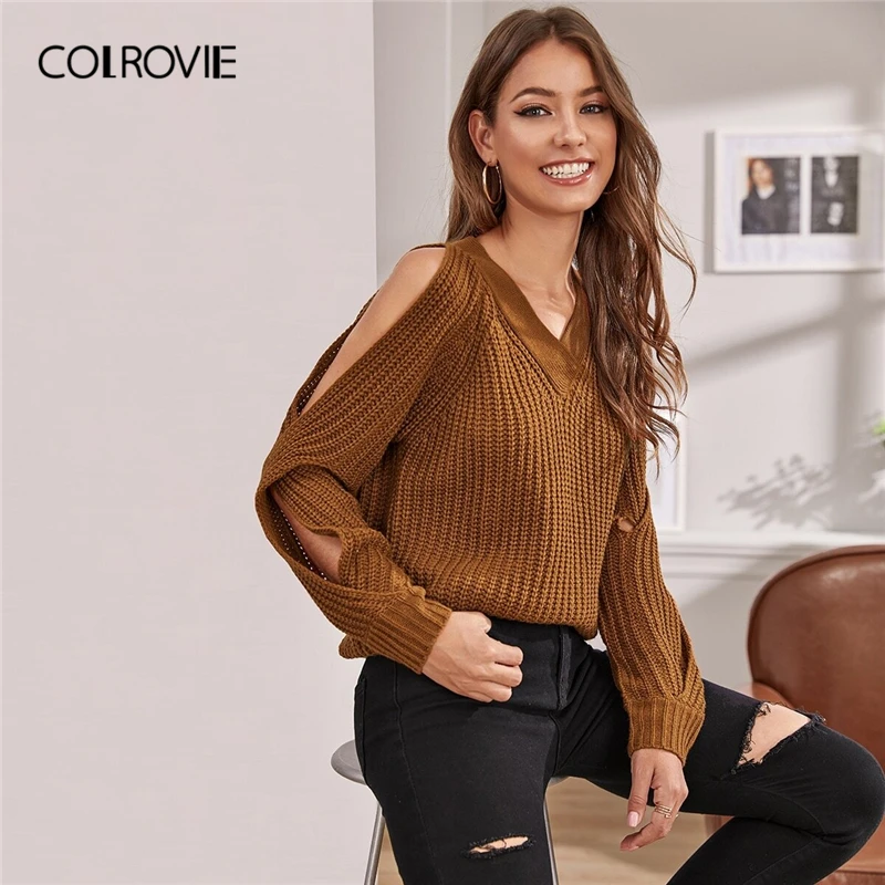 COLROVIE, коричневый, с перекрестной обмоткой, с разрезом, рукав реглан, свитер для женщин, зима, повседневные пуловеры, v-образный вырез, одноцветные свитера