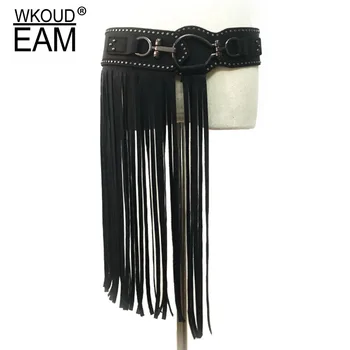 

WKOUD EAM 2020 New Fashion Wid Belt For Women Solid Tassel Imitation Leather Metal Rings Rivets Casual Tide Girdle Female A76