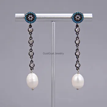 

GuaiGuai Jewelry White Rice Pearl Gunmetal CZ Chain Stud Earrings