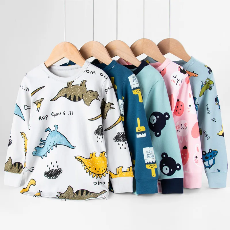 top Sleepwear & Robes 2022 Autumn New Kids Pajamas Set Baby Girls Boys Cartoon Long Sleeve T-Shirt Tops and Pants Baby Sleepwear for 4 6 8 10 12Years cotton nightgowns