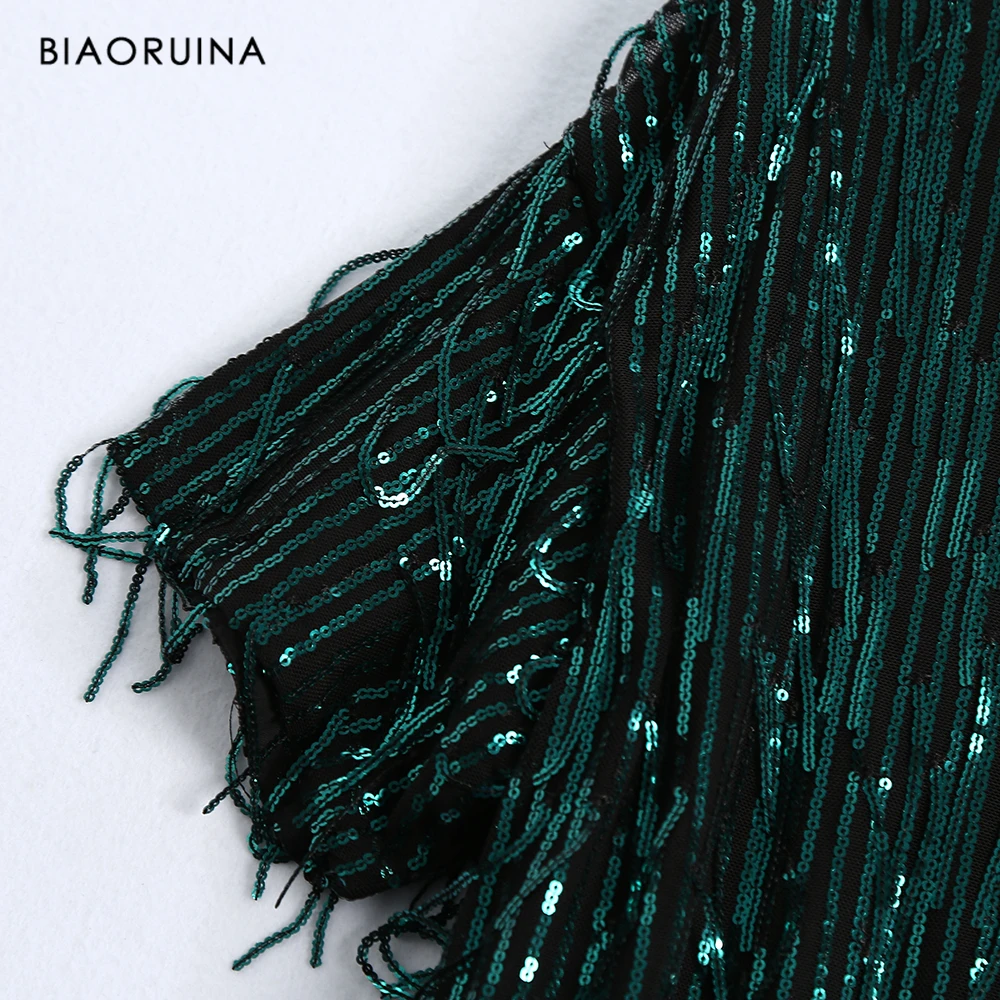 BIAORUINA, женское модное платье, расшитое блестками, с кисточками, прямое, мини платье, с круглым вырезом, женское, винтажное, на подкладке, Сетчатое, вечерние, праздничное платье, Vestidos