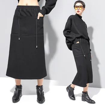 

Elastic Waist Skirt Women Spring New Skirts Black Cold Straight Casual Drawstring With Pockets Ankle Length Shirts Woman