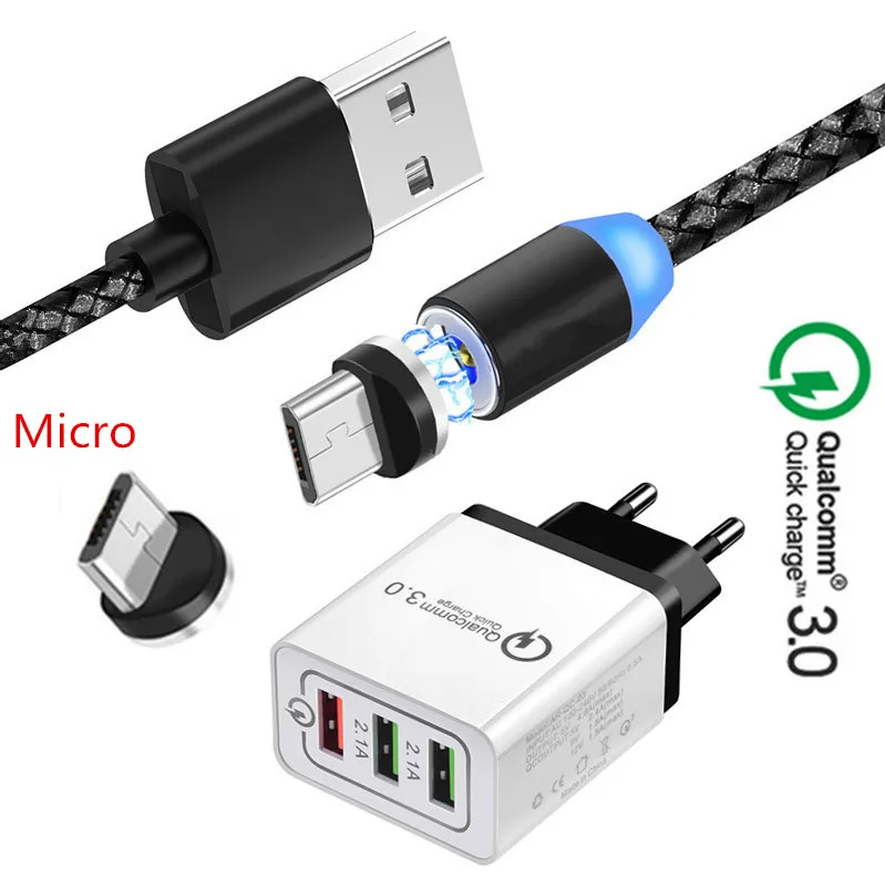 QC 3,0 быстрое зарядное устройство и магнитный Micro USB кабель для зарядки для samsung htc Desire 12s One X10 Honor 8X 7A Redmi 6a 4x Note 5 6 Pro - Тип штекера: EU charger and cable