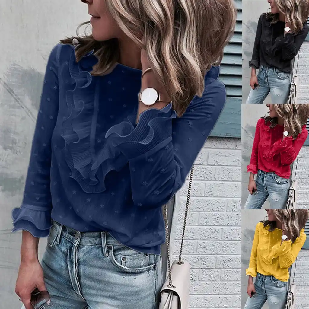 Women Ladies Casual Lace Polka Dot O Neck Long Sleeve Tops Blouse Yellow Chemise Femme Camisa Winter Feminina Chemise Femme Aliexpress