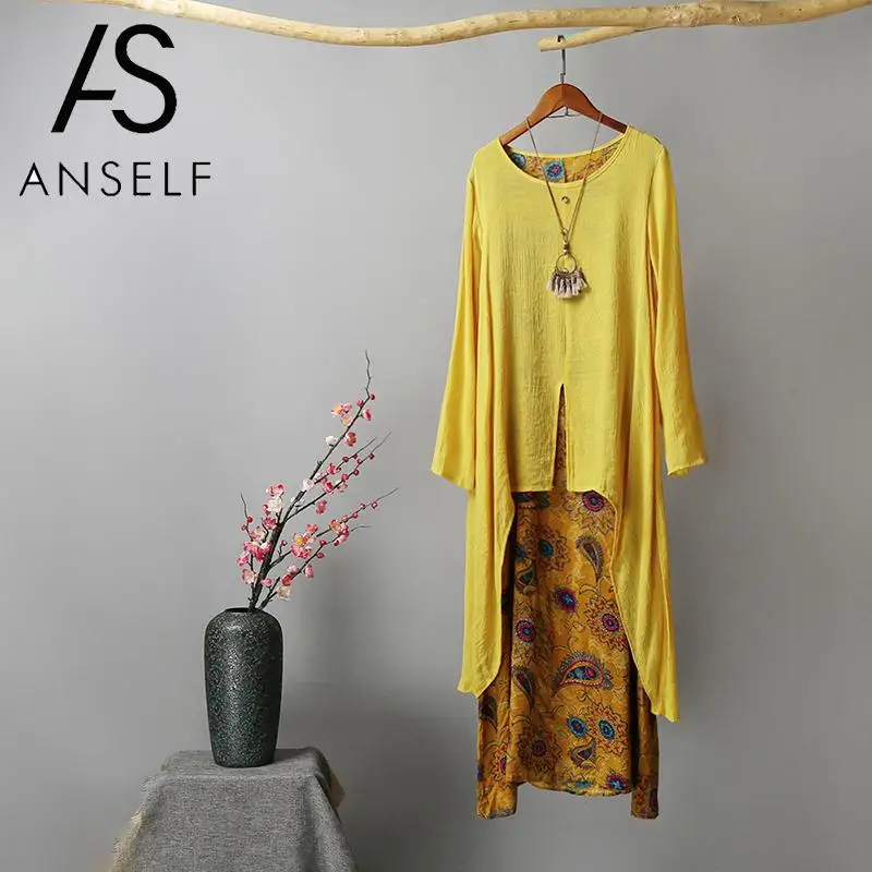 Платье-макси из хлопка с цветочным принтом круглым вырезом и длинным рукавом |