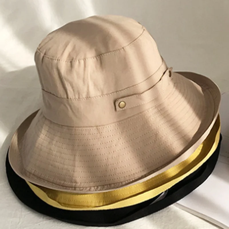 Женская летняя однотонная хлопковая шляпа из ткани рыбака открытый солнцезащитный козырек Harajuku порт ветер шапочка для бассейна складной солнцезащитный большой козырек