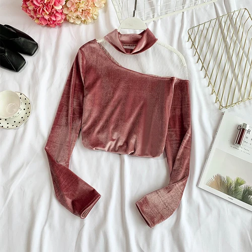 pink Женские рубашки новогодние майки бархатные с открытыми плечами, сеточка уличная элегантная Femme вечерние облегающие патч Рабочая женская одежда - Цвет: pink
