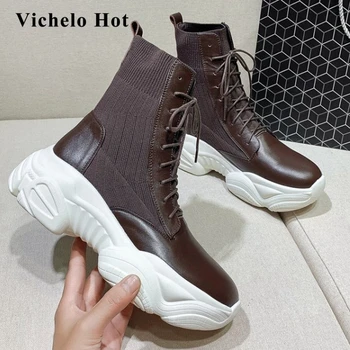 

Vichelo Hot new knitting boots real cow leather platform classics round toe thick high heel lace up young girls ankle boots L8f1