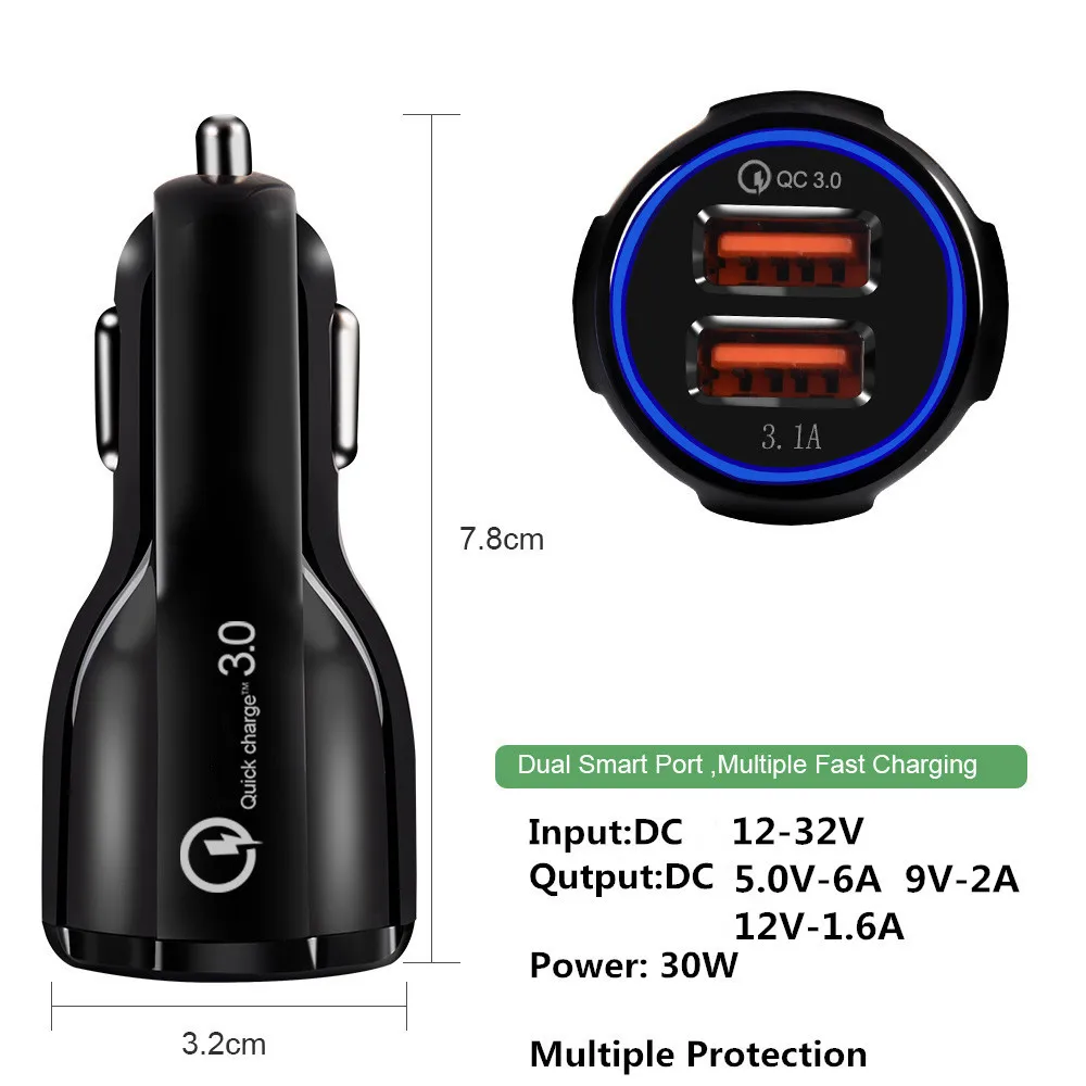 Автомобильное зарядное устройство Quick Charge 3,0 для мобильного телефона, двойное автомобильное зарядное устройство Usb Qualcomm Qc 3,0, адаптер быстрой зарядки, автомобильное зарядное устройство Mini Usb