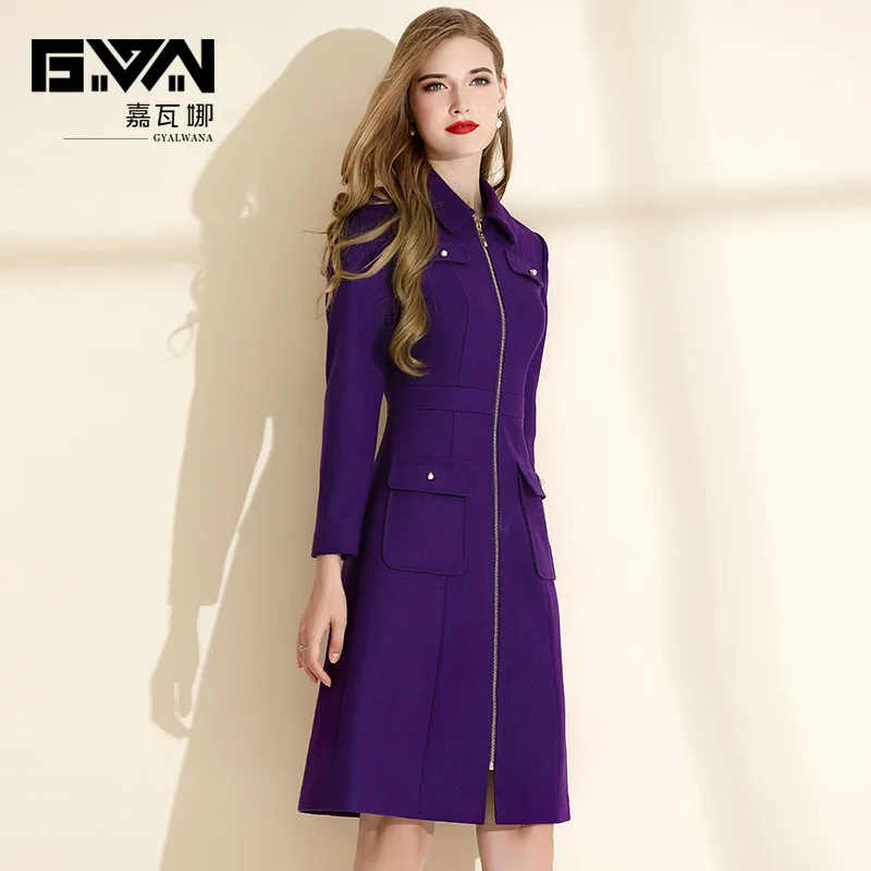 

GYALWANA 2019 Winter New Woolen Dress Women Purple A-line Zipper Slim Dresses Christmas Clothes Long Sleeves Fashion Mid Dresses