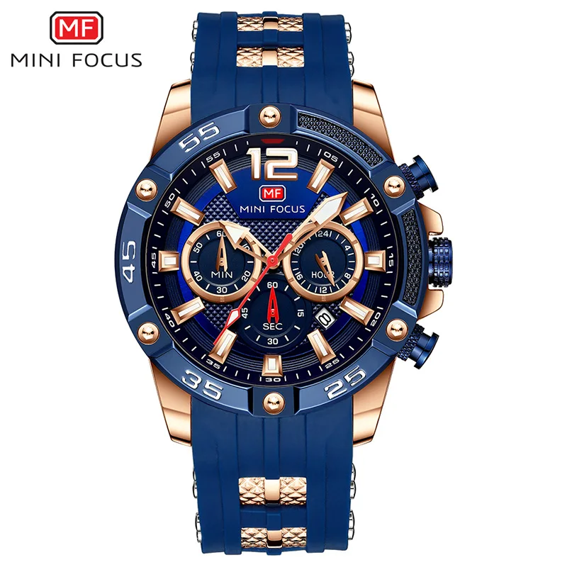 Мини фокус хронограф мужские часы Роскошные Лидирующий бренд кварцевые часы синие силиконовые военные спортивные наручные часы Relogios часы 0349 - Цвет: MF0349G-Blue rose