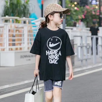 

Girls' T-shirt 2020 new summer children's mid long half sleeve T-shirt short sleeve top medium and big tops shirt 6-49