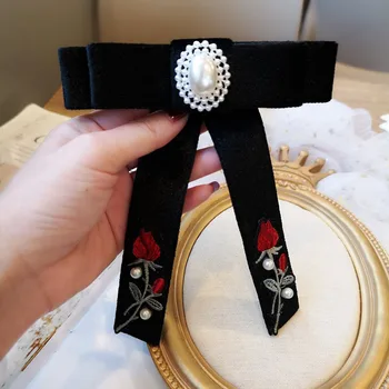 

Black Velvet Rose Flower Embroidery Bow Tie Women Elegant OL Lady Clothing Shirt Collar Pin Ribbons Accessories Bowknot Ties
