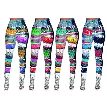 

Casual Trousers for Women Sexy Mid Waist Digital False Denim Printing Fashion Clothing for Women 2020