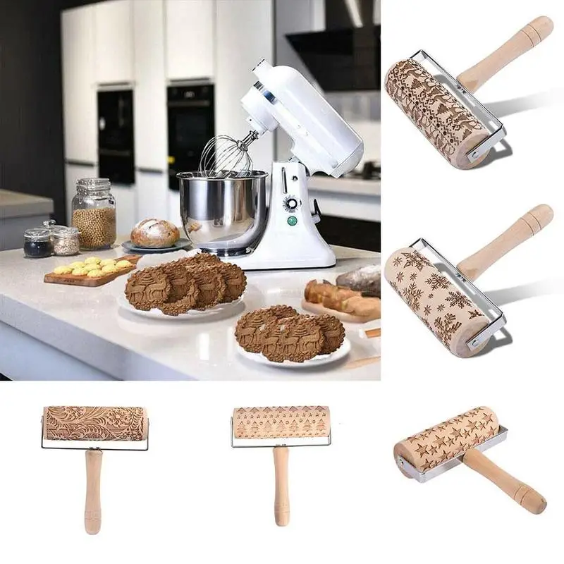 

Christmas Embossing Rolling Pin Baking Cookies Noodle Biscuit Fondant Cake Dough Engraved Roller Reindeer Snowflake