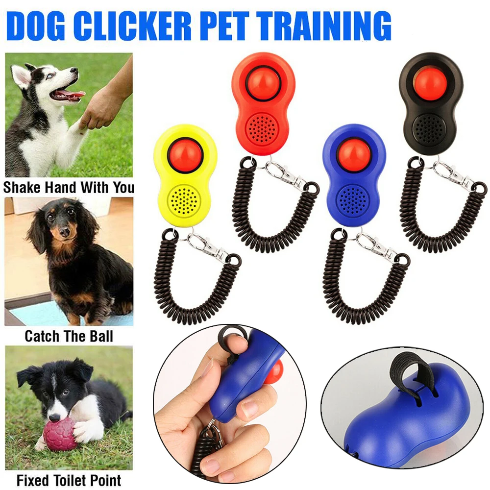1 de policarbonato para perros gato botón formación Clicker perros nuevos haga clic en entrenador obediencia ayuda muñeca correa ajustable Cadena de llaves sonoras 4 colores
