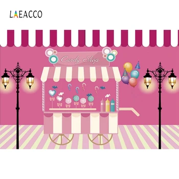 

Laeacco Candy Bar Shop Cart Photography Backgrounds Photo Backdrops Pink Stripes Streetlight For Baby Photophone Birthday Child