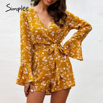 

Simplee V neck floral print women playsuit romper Ruffles sash belt female holiday jumpsuits Spring summer ladies overalls 2020