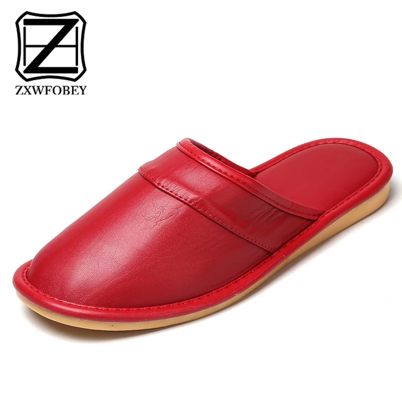 RED ZXWFOBEY/теплые тапочки унисекс; кожаные мужские зимние домашние шлепанцы с пенным наполнителем с эффектом памяти - Цвет: RED