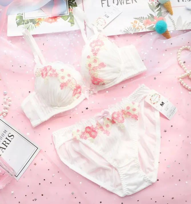 Romance Flower Japanese Bra & Panties Set Thin Underwire Soft Underwear Intimates Set Kawaii Lolita ethika set