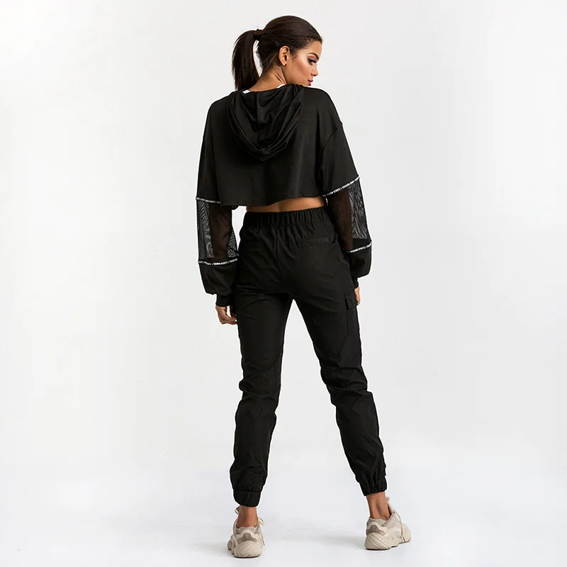 Fitshinling Athleisure, осень, женские толстовки с капюшоном, сетка, пэчворк, Черный свитшот, Женская толстовка с капюшоном, с буквенным принтом, укороченное худи, Новинка