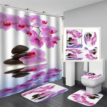 

Waterproof Flowers Shower Curtain Sets +Non-Slip Rugs Toilet Lid Cover Bath Mat Pad Set Bathroom Curtain Hooks