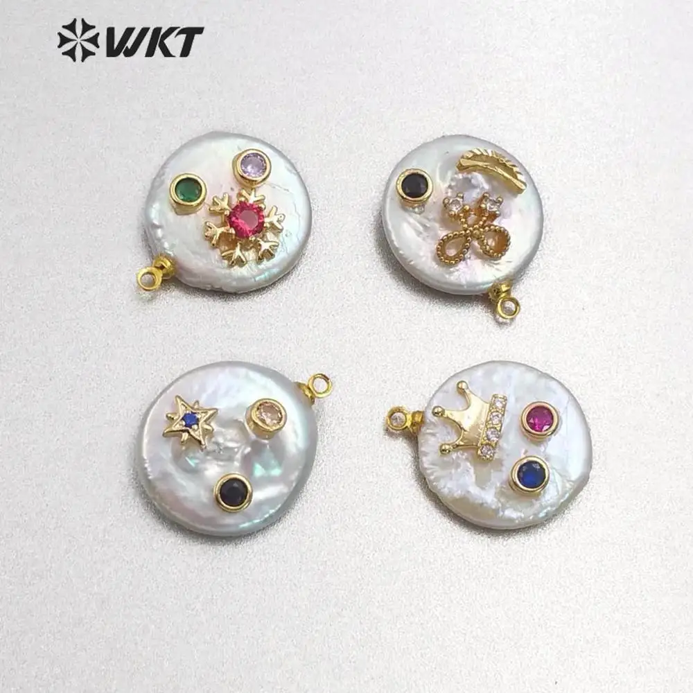 

WT-MP135 Natural Freshwater Pearl&CZ Pave Pendant Round Shape With Micro Pave Crown Bow Snowflake Charm Pendant