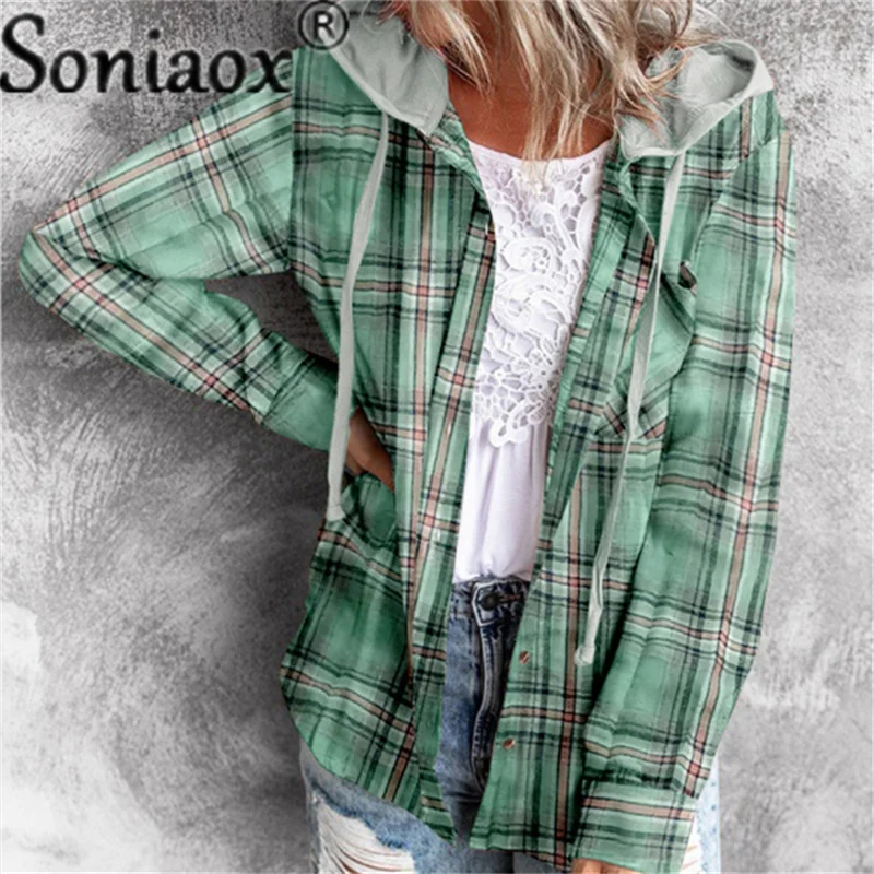 Women's 2021 Autumn Winter New Plaid Oversized Hoodie Single-Breasted Button Casual Shirt Hoodies Ladies Street Clothes Tops