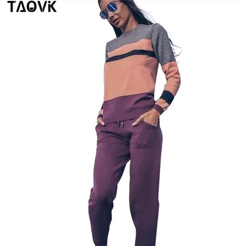 TAOVK, удобный женский свитер, костюмы, вязаный спортивный костюм, многоцветные, с вырезами и шитьем, джемпер, пуловеры+ штаны, комплект из двух предметов, наряды - Цвет: Purple