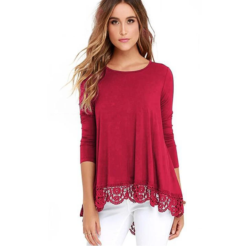 

Women Long Sleeve T-Shirt 10 Colors Solid Casual Hollow Out Lace Hem Female Plus Size Tops Women Autumn Korean Clothes Women Top