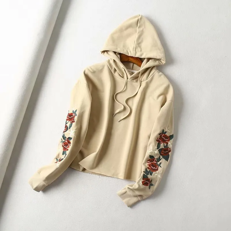 spring and autumn women's new embroidery short hooded sweatshirt plus velvet sweatshirt casual fashion shirt - Цвет: Хаки