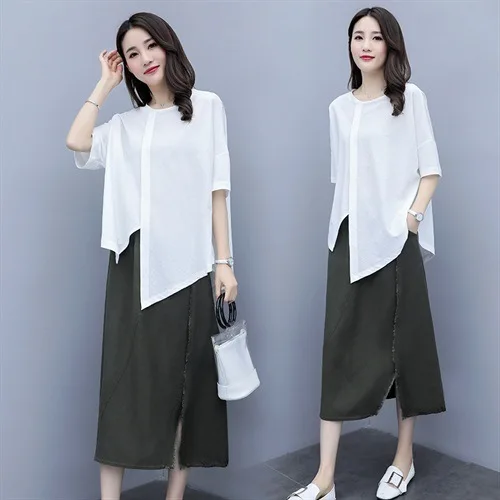 

Cotton Linen Dress Short Sleeve Women's 2019 New Style Summer Loose Slimming Korean-style Two-Piece Set Flax Set White T-shirt