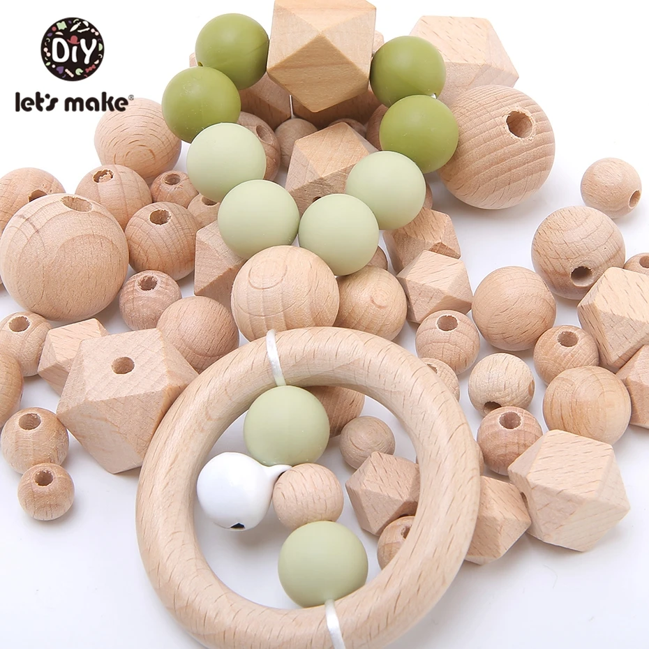 100pc 너도밤 나무 육각형 나무 Teether 구슬 라운드 12-30mm  딸랑이 페르시 나무  Teether 나무 장난감을 만들어 봅시다