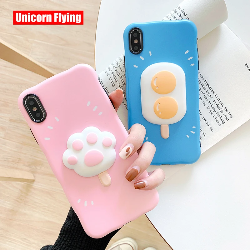 

LinXiang Lovely Cat Pad Double Yellow Egg 3D Relievo Ice Cream Phone Case Back Cover For iphone 6 6s 7 8 Plus X XS Max XR