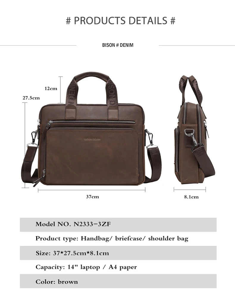 Бренд BISON DENIM, мужской портфель, сумка-портфель, Сумки из натуральной кожи, 14 дюймов, сумка для ноутбука, бизнес сумки через плечо, N2333-3