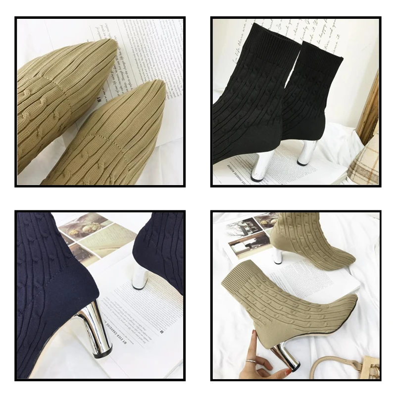 LALA IKAI Women Black Ankle Boots Slip-on Chunky Heels Boots Stretch Fabric Sock Pumps Female Knitted Pointed Toe Boots WC5500-4