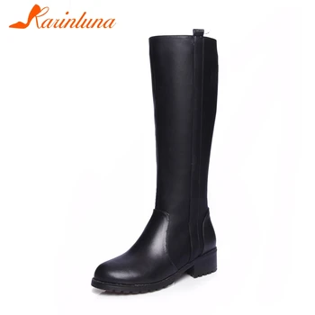 

Karinluna 2020 Large sizes 33-44 Genuine leather Square Heels Cow skin Winter Plush Shoes Women Knee High Riding Boots