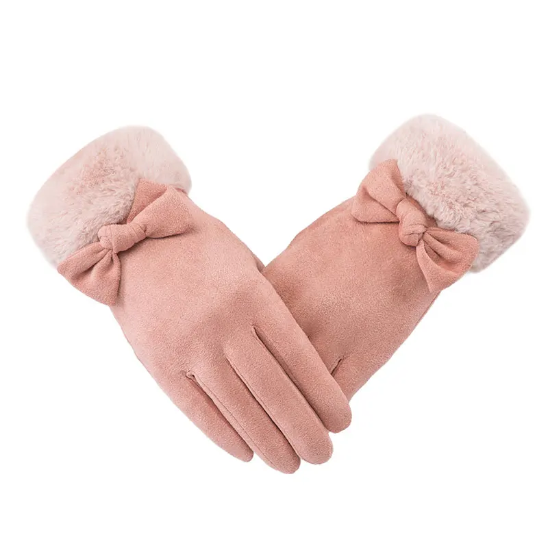 Женские перчатки зимние Утепленные варежки с бантом и сенсорным экраном Элегантные замшевые теплые перчатки с бантом Guantes шерстяные вязаные наручные прекрасные перчатки Luvas