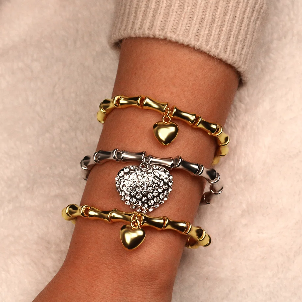 

Combination Bracelet Bamboo Chain Big Heart Crystal Charms Bangles For Women Vintage Multi-layer Gold Bracelets Female SL20026