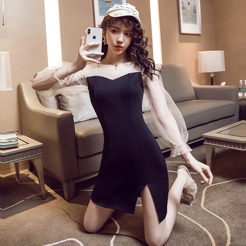 

2019 Autumn New Style WOMEN'S Dress Sexy Transparent Lantern Sleeve Slim Fit Slimming Beads Slit Sheath Dress