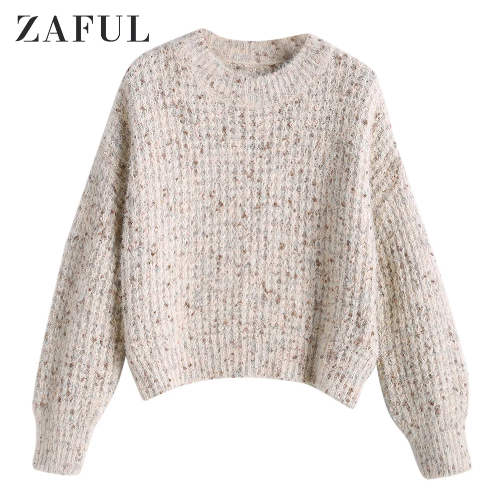 ZAFUL Drop Shoulder Pullover Fuzzy Sweater 2019Autumn Warm Casual Jumpers Crew Neck Loose Knitted Tops Long Sleeve Women Sweater
