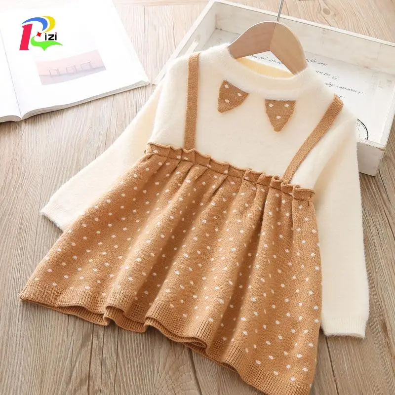 

2019 Winter Autumn Girls Children's Knitted Sweater Dress Dot Fake Two Long Sleeve Dress Baby Girls Sweater