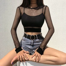 Sexy Black Hollow Out Mesh T-Shirt Female Skinny Crop Top 2021 New Fashion Summer Basic Tops For Women Fishnet Shirt